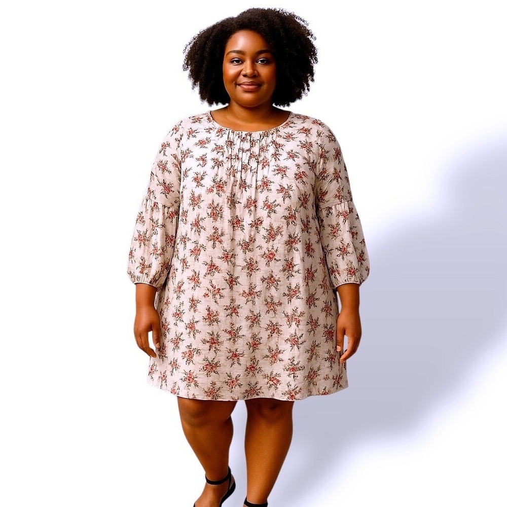 Modcloth Floral Lantern Sleeve Shift‎ Dress Cream Red Cottagecore Boho 14